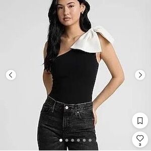 EXPRESS White Bow One Shoulder Sleeveless Black Bodysuit, Sz Small, NWT
